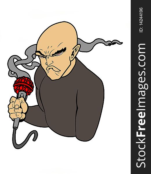 Cartoon character of a man holding a smoking mic in his hand. Cartoon character of a man holding a smoking mic in his hand