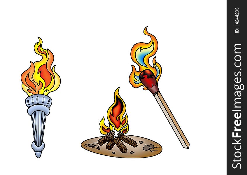 Defferent types of fire, torch, camp-fire, and match-stick. Defferent types of fire, torch, camp-fire, and match-stick