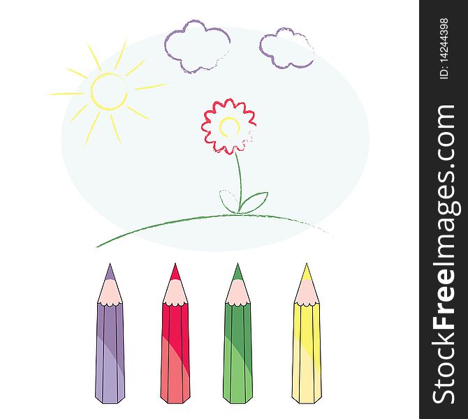 Illustration of funny picture and crayons. Illustration of funny picture and crayons