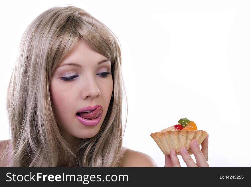 Young Beautiful Girl With Cake In Her Hands