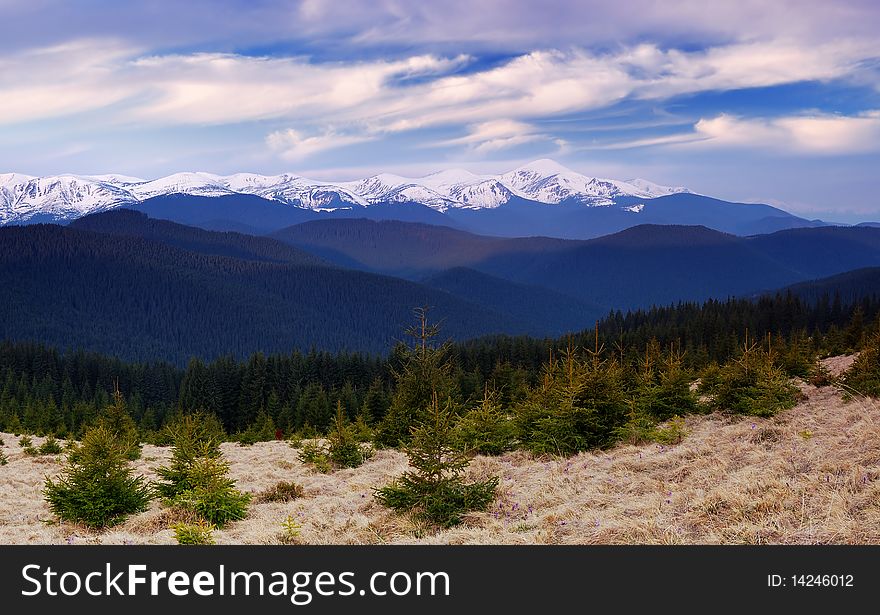 Dawn in mountains Carpathians, Ukraine. Autumn morning