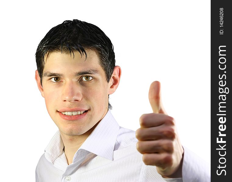 Young man shows OK, white background, isolated