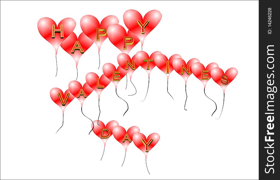 Happy valentines day in text on red heart balloons in 3d on white. Happy valentines day in text on red heart balloons in 3d on white