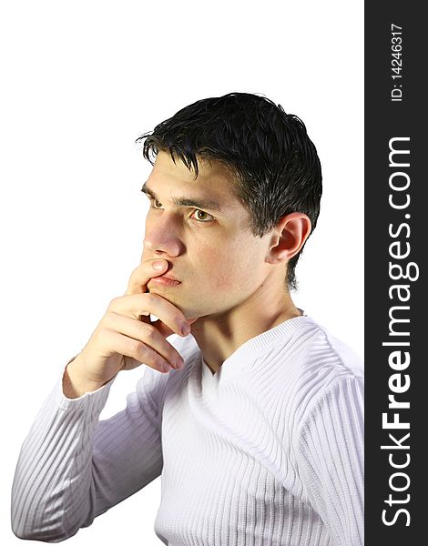 Young man thinking, white background, isolated