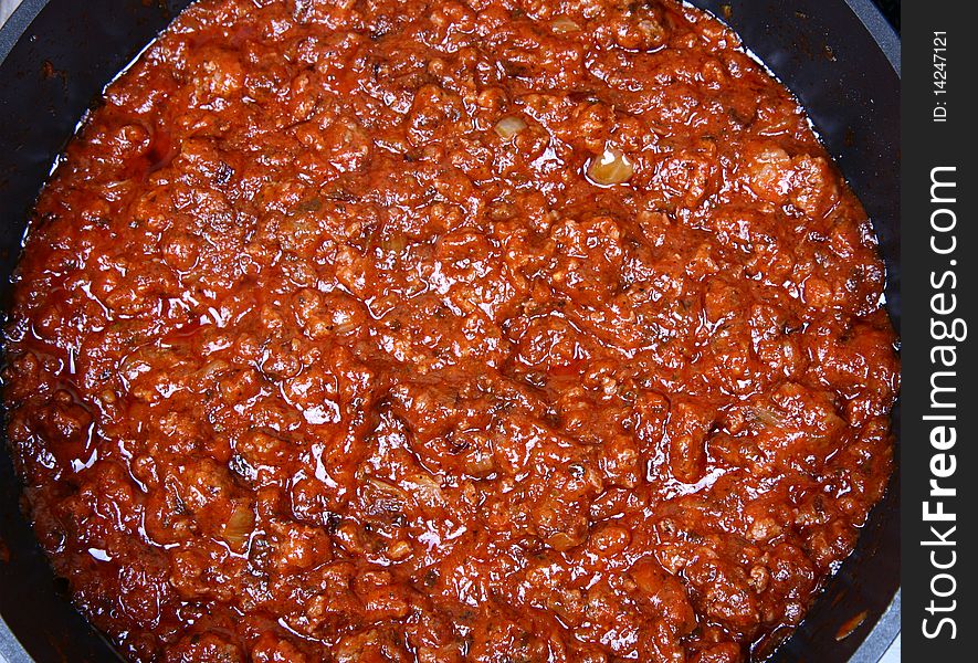 Spaghetti bolognese sauce on a pan