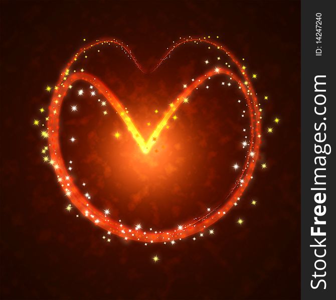 Burning heart with sparkles on a dark background