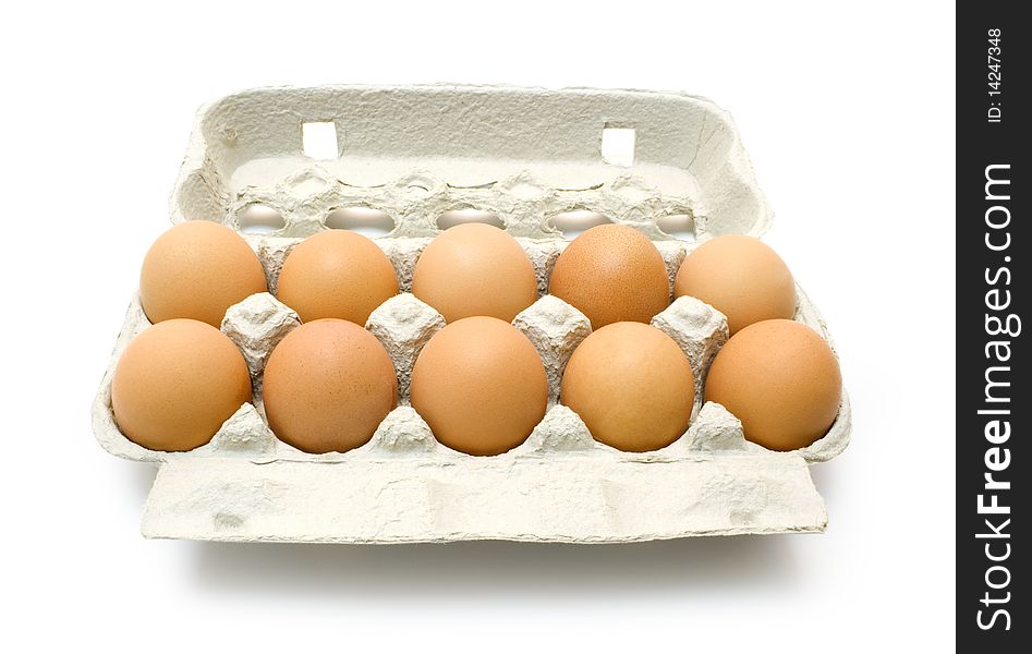Ten eggs in support  isolated on white background