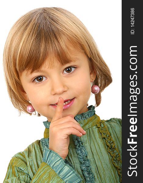 Little charming girl against white background