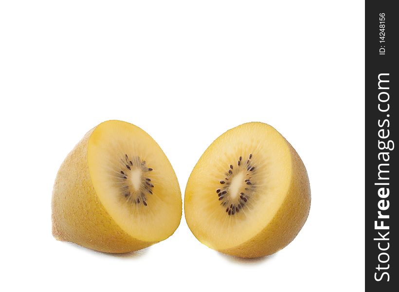 Two pieces of golden kiwi isolated on white background