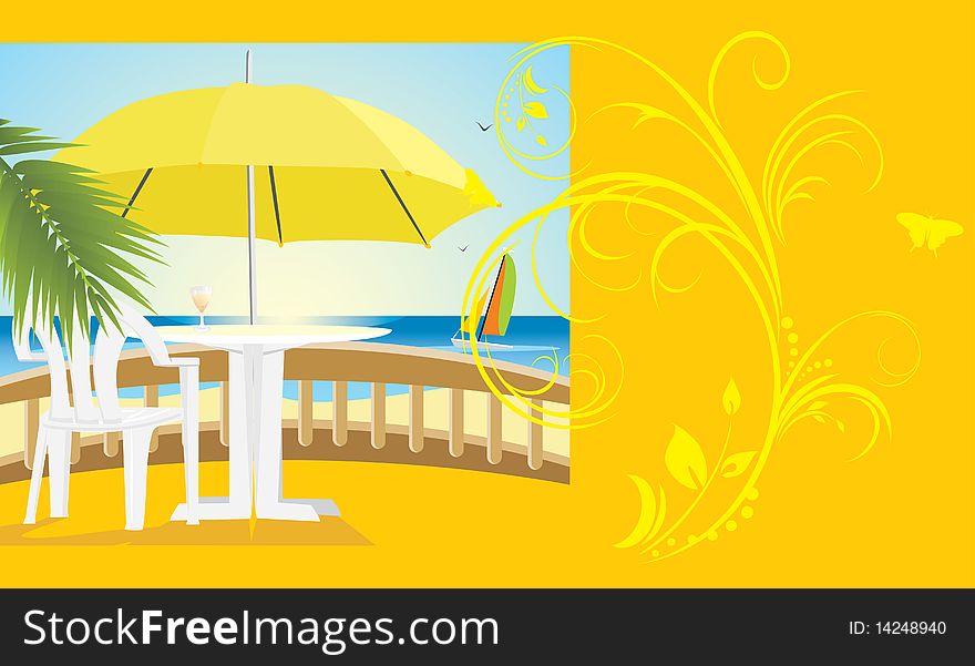 Cafe at a sea. Kind from a balcony. Background for card. Illustration. Cafe at a sea. Kind from a balcony. Background for card. Illustration