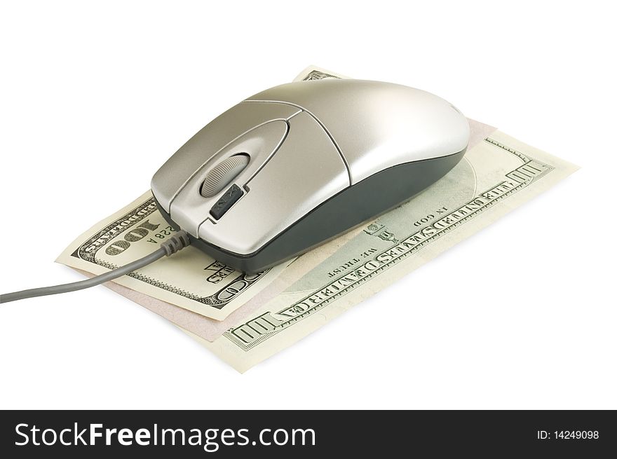 Computer mouse on the dollar on a white background