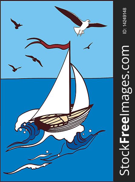 A yacht swims at-sea under open-skies far. Birds in the sky over the sea. A yacht swims at-sea under open-skies far. Birds in the sky over the sea