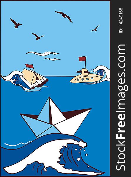 A paper toy-ship swims at sea. The yellow submarine with a flag floats on a sea surface. The wooden raft with an awning floats on sea waves. A paper toy-ship swims at sea. The yellow submarine with a flag floats on a sea surface. The wooden raft with an awning floats on sea waves.