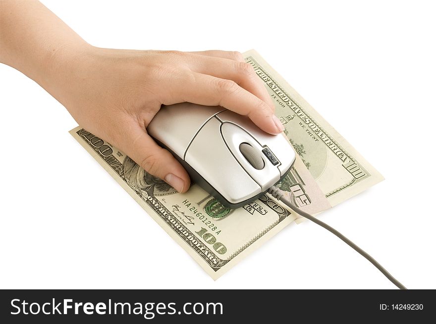 Computer mouse in hand, the dollar on a white background