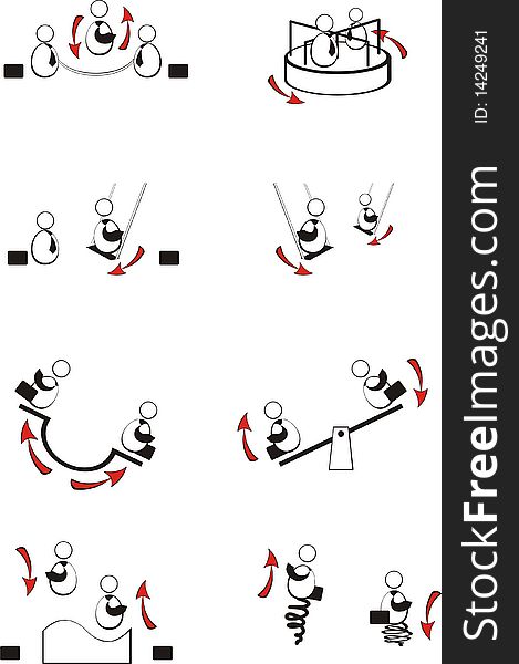 Pictogrammes on the subject of: a swing, a trampoline, roundabouts. Pictogrammes on the subject of: a swing, a trampoline, roundabouts