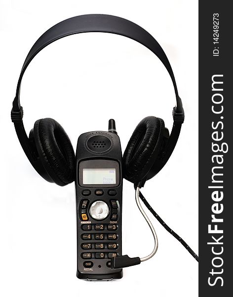 Black cordless phone with headphone