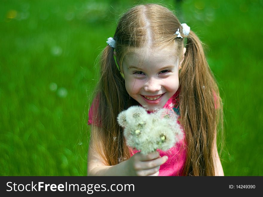 Smiling little girl on a green meadow with a bouquet of dandelions. Smiling little girl on a green meadow with a bouquet of dandelions