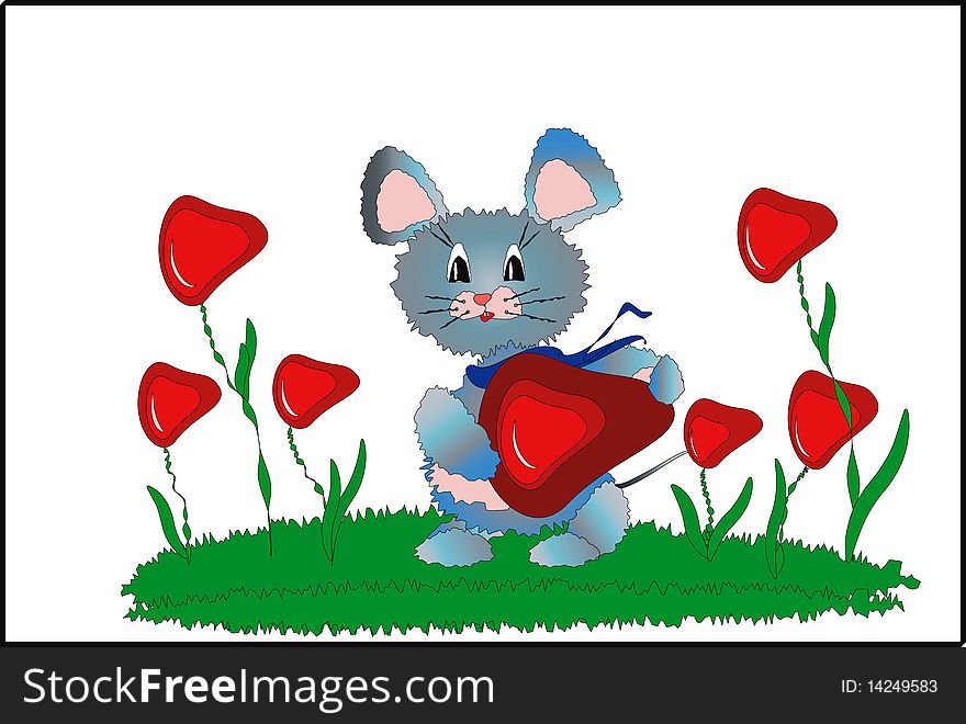 Little mouse with hearts at the grass. Little mouse with hearts at the grass.