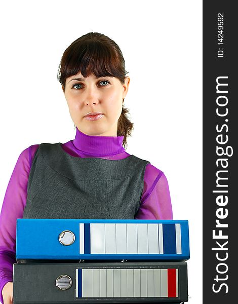 Girl with a blue and black folders, on a white backdrop. Girl with a blue and black folders, on a white backdrop