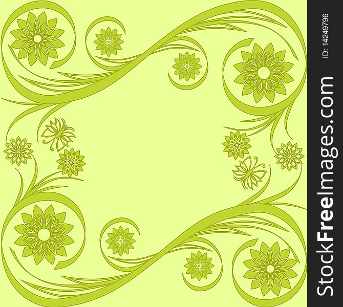 Vector illustration of a floral frame with butterflies on a green background