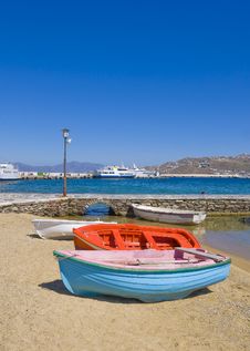 Fishing Boats On Sandy Beach Mykonos Stock Photo
