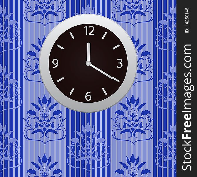 Clocks hanging on a wall with wallpaper. Vector illustration