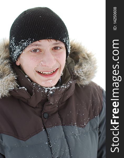 Frozen teenager on white background