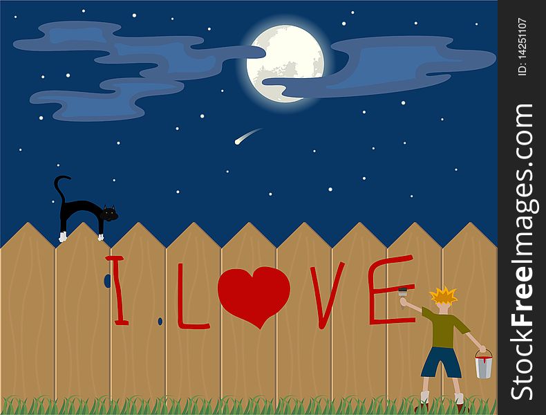 Boy writes on fence I love you. Boy writes on fence I love you