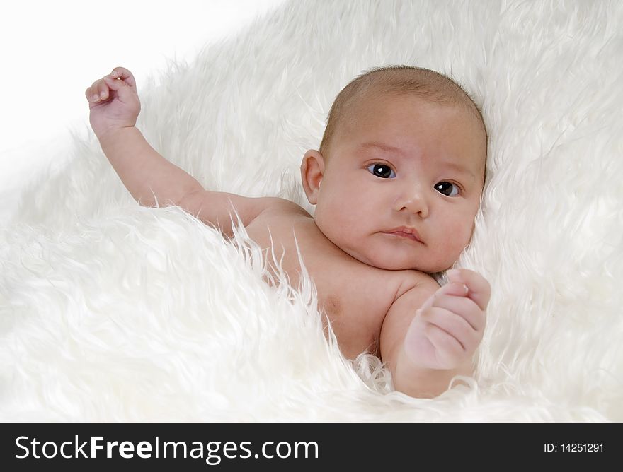 Cute baby with nice face on white blanket. Cute baby with nice face on white blanket