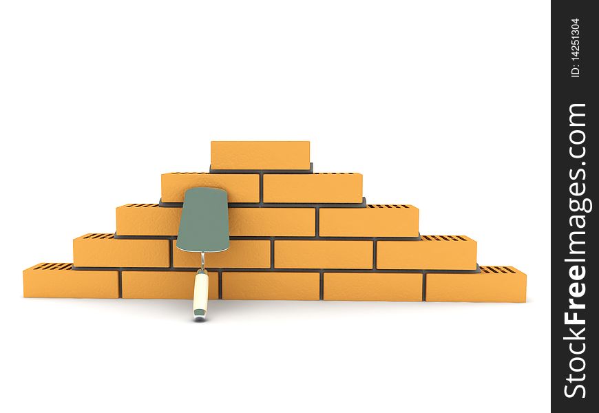 Construction. Pyramid of bricks with trowel isolated on white background. High quality 3d render.