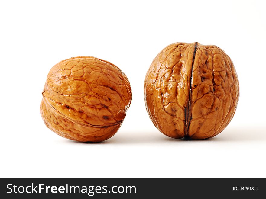 Two wet walnuts isolated on white background