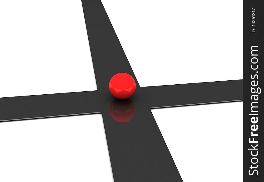 Crossroad. Red ball on crossroad isolated on white background. High quality 3d render.