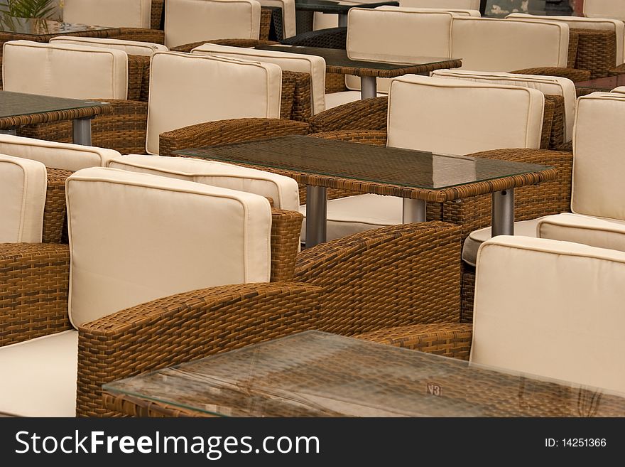 Empty terrace chairs and table in Sibiu Transylvania Romania