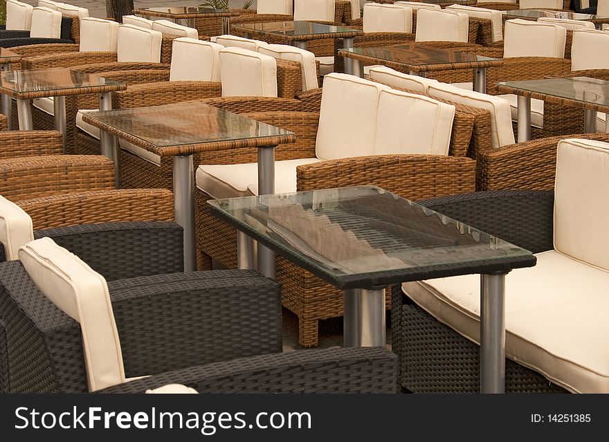 Empty terrace chairs and table in Sibiu Transylvania Romania