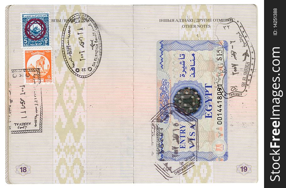 Belarusian passport with two types of Egyptian visas and stamps. Belarusian passport with two types of Egyptian visas and stamps