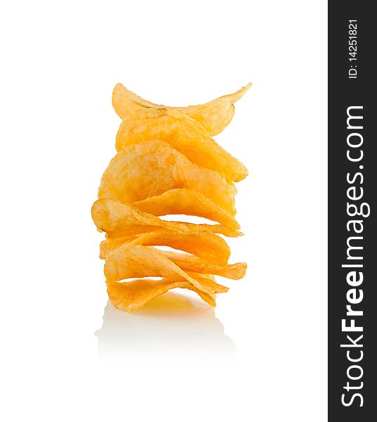 An isolated stack of potato chips