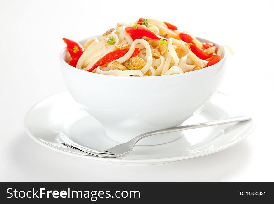 Spaghetti bowl with garlic and red pepper