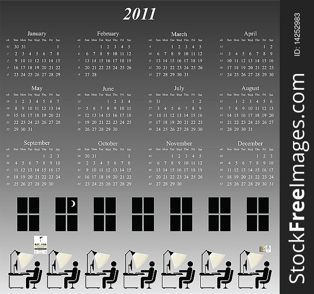 2011 calendar with an office working late theme