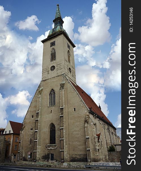 Old  Church building with cloudy skies  , image was taken in Bratislava , Slovakia