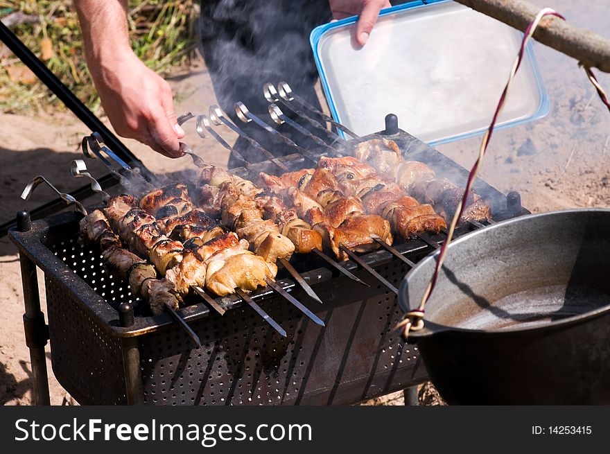 Big pieces of marinated pork and chicken on barbecue. Big pieces of marinated pork and chicken on barbecue