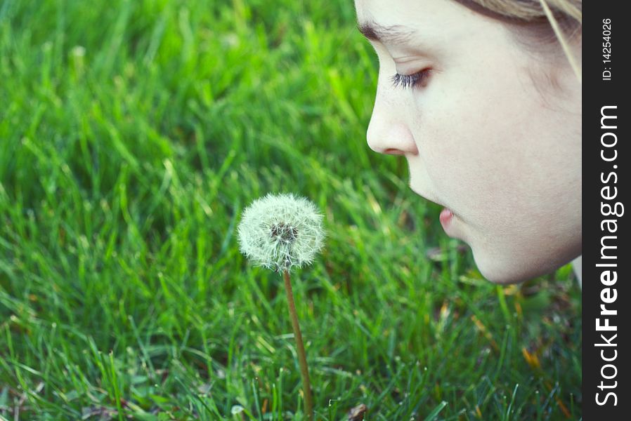 Girl about to blow on a dandelion