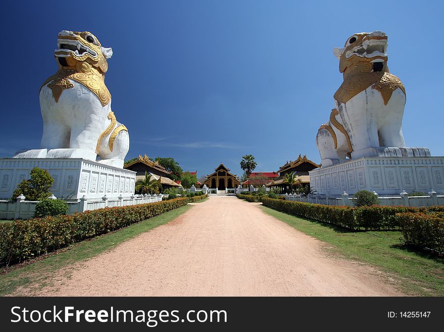 Two Guardian lions statue look after palace. Two Guardian lions statue look after palace