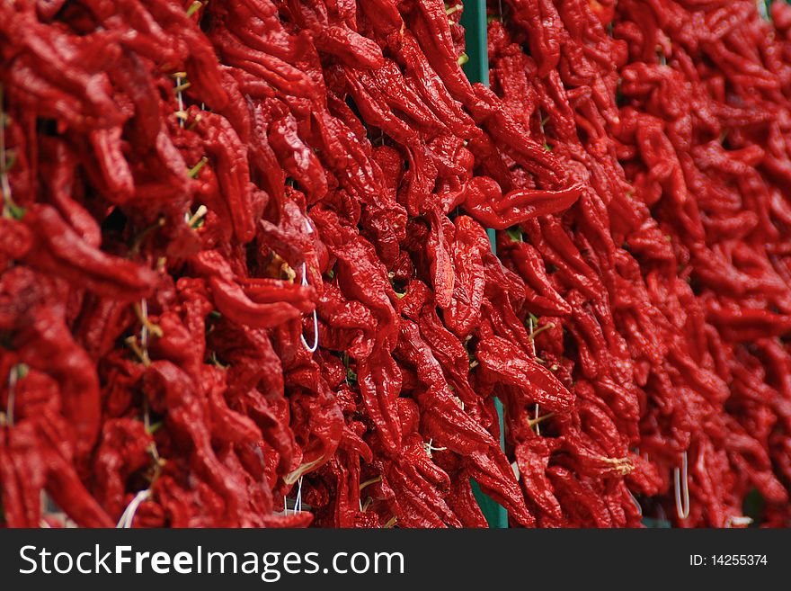 Southern italian custom of drying red peppers in the hot summer sun. Southern italian custom of drying red peppers in the hot summer sun.