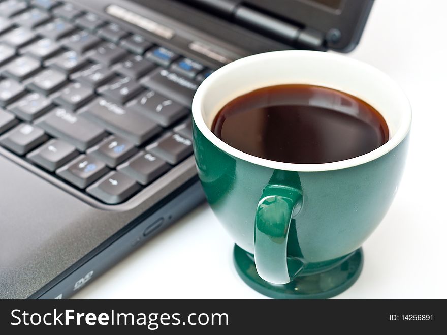 Business office scenario, keyboard and coffee on work surface. Business office scenario, keyboard and coffee on work surface