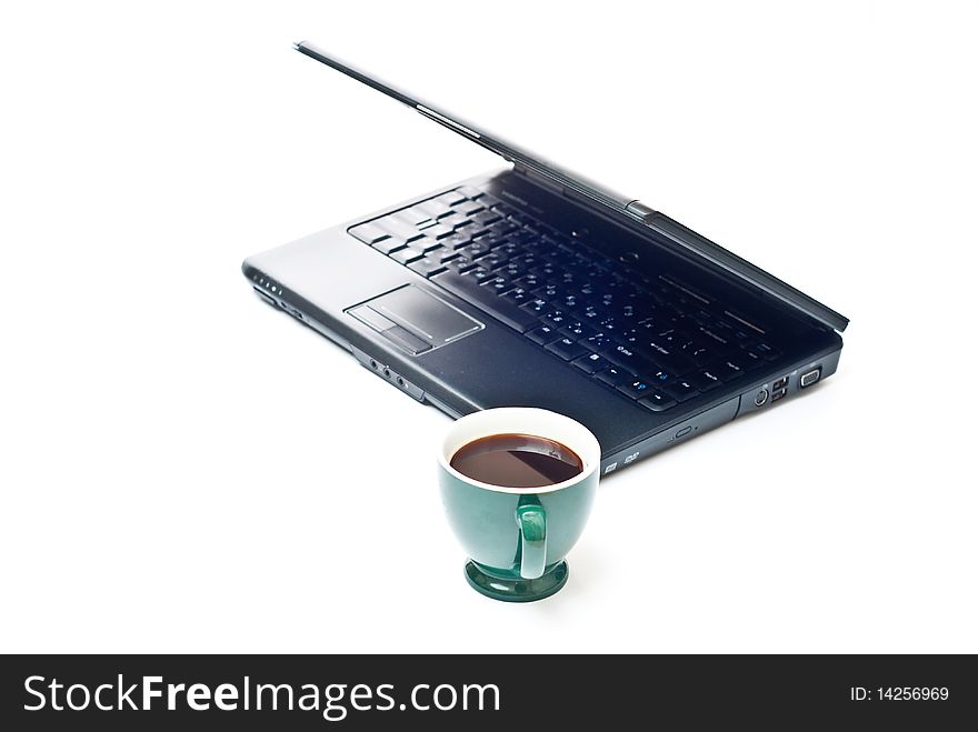Fresh hot coffe and black notebook isolated on white background. Fresh hot coffe and black notebook isolated on white background