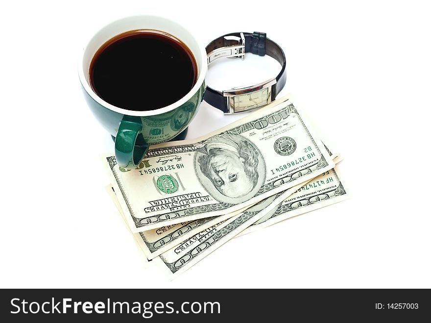 Green cup with coffe, dollars and watch isolated on white background. Green cup with coffe, dollars and watch isolated on white background