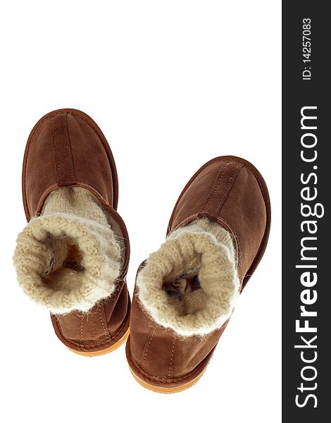 Isolated brown wool comfortable slippers