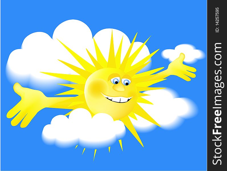 Holiday cartoon sun in clouds - vector illustration. Holiday cartoon sun in clouds - vector illustration