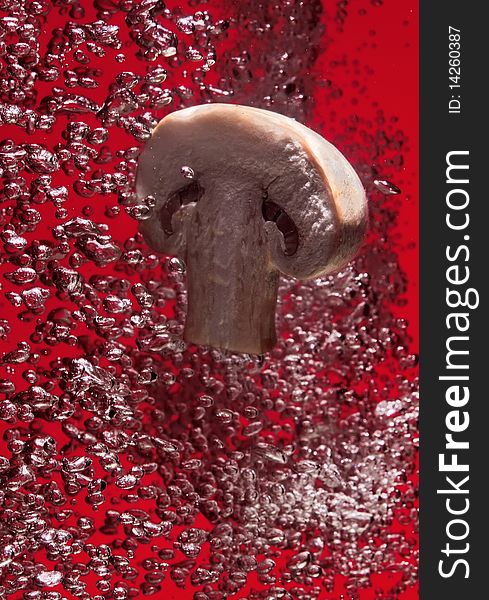 Field mushroom falling in water on red with air bubbles. Field mushroom falling in water on red with air bubbles