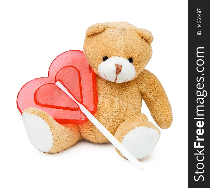 Small cute brown bear with red heart. Small cute brown bear with red heart